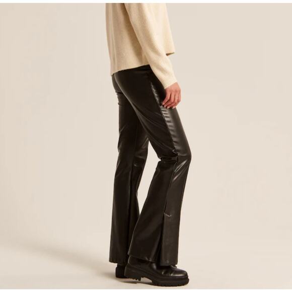 Abercrombie & Fitch Tall Black Vegan Leather High Rise Flare Side Slit Pants ML - Picture 3 of 9